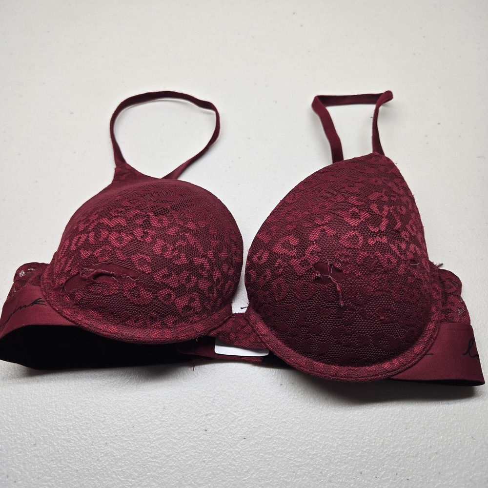 Victoria Secret PINK Women Bra 34C Burgundy Floral Wear Everywhere Push Up READ